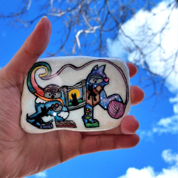 Playful Inner World Cat Silhouette Santorini Stone Hand Painted - Picture 5 of 6